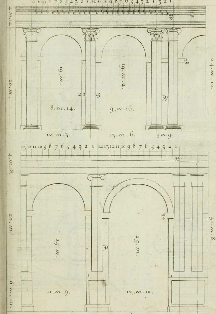 An illustration from A treatise of architecture, with remarks and observations : necessary for young people, who would apply themselves to that noble art, 1732, leaf 268
