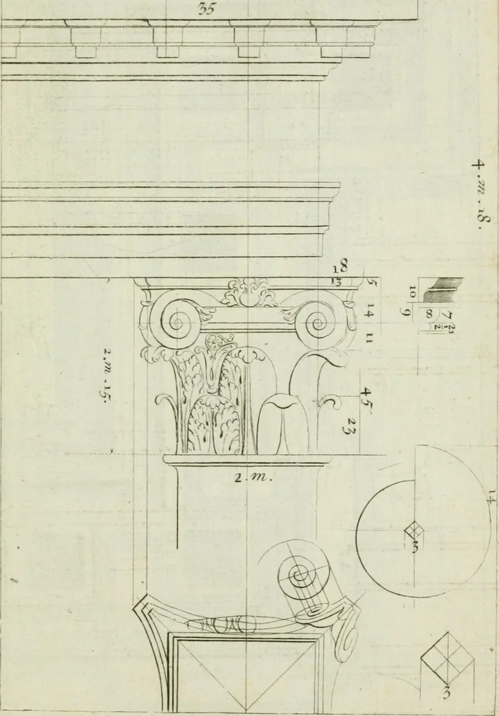 An illustration from A treatise of architecture, with remarks and observations : necessary for young people, who would apply themselves to that noble art, 1732, leaf 272