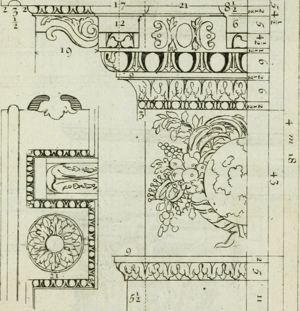 An illustration from A treatise of architecture, with remarks and observations : necessary for young people, who would apply themselves to that noble art, 1732, leaf 276