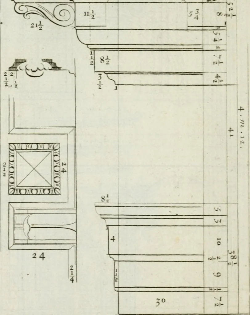 An illustration from A treatise of architecture, with remarks and observations : necessary for young people, who would apply themselves to that noble art, 1732, leaf 279