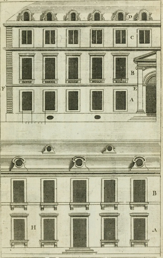 An illustration from A treatise of architecture, with remarks and observations : necessary for young people, who would apply themselves to that noble art, 1732, leaf 312