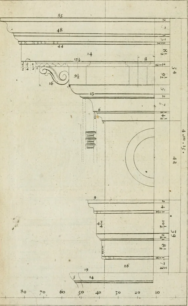 An illustration from A treatise of architecture, with remarks and observations : necessary for young people, who would apply themselves to that noble art, 1732, leaf 345