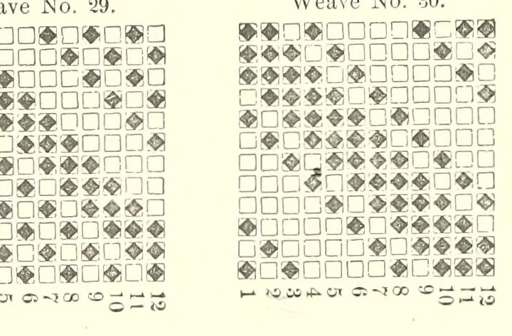 An illustration from A treatise on designing and weaving plain and fancy woolen clothes : with more than one hundred weaves of the latest and most staple and popular styles, from a two-harness plain weave up to a forty-eight harness fancy weave, accompanied by rules and calculations : together with more than thirty illustrated pick-outs or diagrams : also, directions as to the manner of reducing large and complicated designs to their lowest terms, with the cross-drawing-in-drafts for the same ; rules for picking cut samples, and other rules and tables of importance to manufacturers, 1878, leaf 34