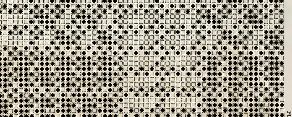 An illustration from A treatise on designing and weaving plain and fancy woolen clothes : with more than one hundred weaves of the latest and most staple and popular styles, from a two-harness plain weave up to a forty-eight harness fancy weave, accompanied by rules and calculations : together with more than thirty illustrated pick-outs or diagrams : also, directions as to the manner of reducing large and complicated designs to their lowest terms, with the cross-drawing-in-drafts for the same ; rules for picking cut samples, and other rules and tables of importance to manufacturers, 1878, leaf 69