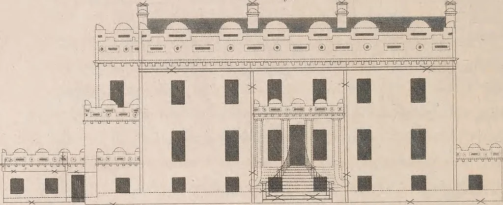 An illustration from A treatise on forming, improving, and managing country residences : and on the choice of situations appropriate to every class of purchasers. In all which the object in view is to unite in a better manner than has hitherto been done, a taste founded in nature with economy and utility, in constructing or improving mansions, and other rural buildings, so as to combine architectural fitness with picturesque effect, and in forming gardens, orchards, farms, parks, pleasure-grounds, shrubberies, all kinds of useful or decorative plantations, and every object of convenience or beauty peculiar to country seats, according to the extent, character, or style of situations, and the rank, fortune, and expenditure of proprietors, from the cottage to the palace. With an appendix, containing an enquiry into the utility and merits of Mr. Repton's mode of shewing effects by slides and sketches, and strictures on his opinions and practice in landscape gardening. Illustrated by descriptions of scenery and buildings, by references to country seats, and passages of country in most parts of Great Britain, and by thirty-two engravings, 1806, leaf 283