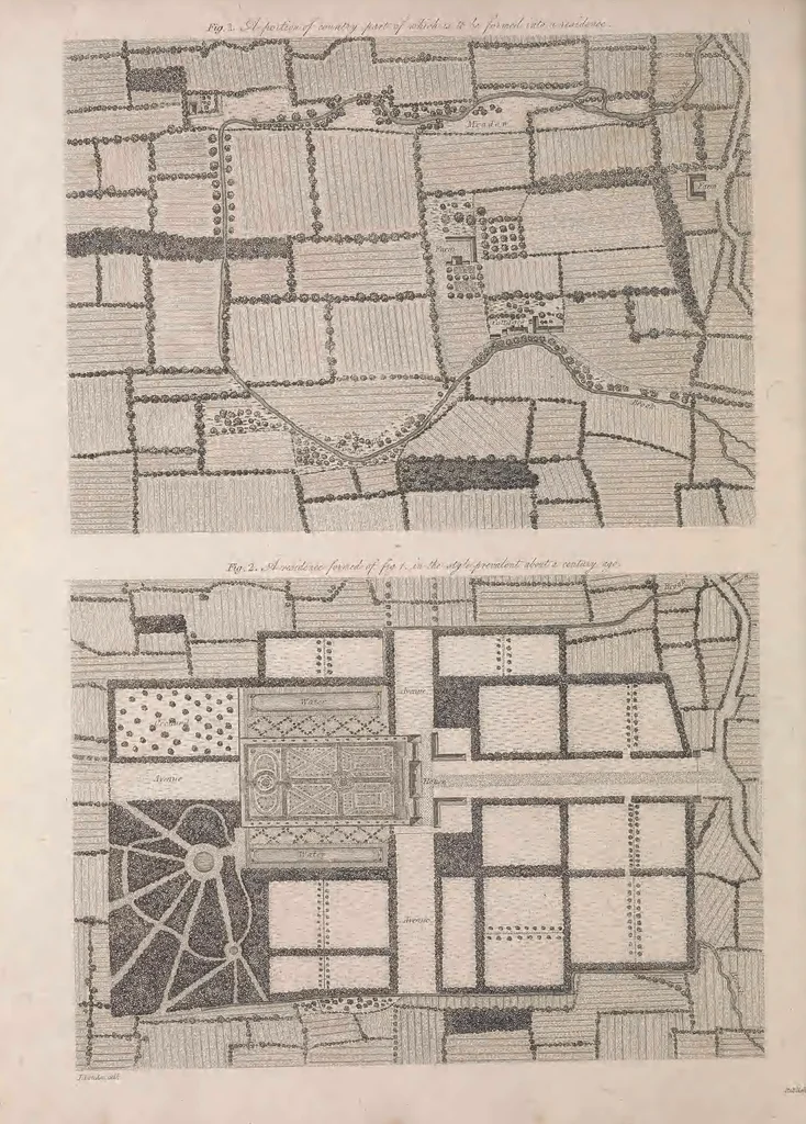 An illustration from A treatise on forming, improving, and managing country residences : and on the choice of situations appropriate to every class of purchasers. In all which the object in view is to unite in a better manner than has hitherto been done, a taste founded in nature with economy and utility, in constructing or improving mansions, and other rural buildings, so as to combine architectural fitness with picturesque effect, and in forming gardens, orchards, farms, parks, pleasure-grounds, shrubberies, all kinds of useful or decorative plantations, and every object of convenience or beauty peculiar to country seats, according to the extent, character, or style of situations, and the rank, fortune, and expenditure of proprietors, from the cottage to the palace. With an appendix, containing an enquiry into the utility and merits of Mr. Repton's mode of shewing effects by slides and sketches, and strictures on his opinions and practice in landscape gardening. Illustrated by descriptions of scenery and buildings, by references to country seats, and passages of country in most parts of Great Britain, and by thirty-two engravings, 1806, leaf 315