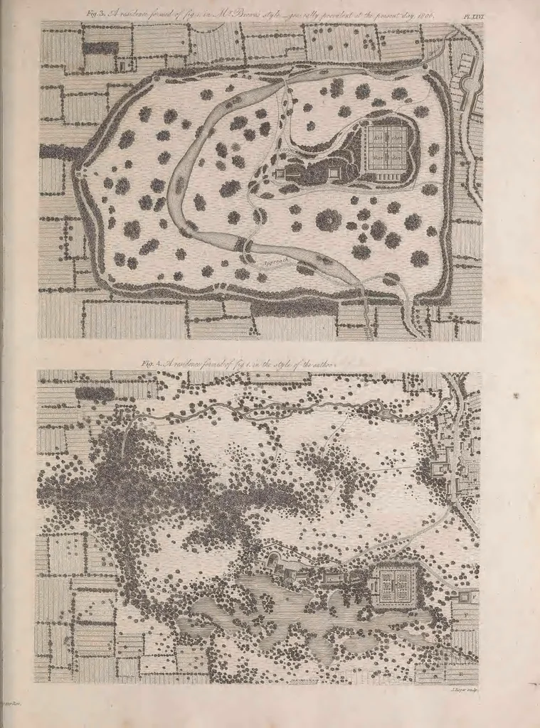 An illustration from A treatise on forming, improving, and managing country residences : and on the choice of situations appropriate to every class of purchasers. In all which the object in view is to unite in a better manner than has hitherto been done, a taste founded in nature with economy and utility, in constructing or improving mansions, and other rural buildings, so as to combine architectural fitness with picturesque effect, and in forming gardens, orchards, farms, parks, pleasure-grounds, shrubberies, all kinds of useful or decorative plantations, and every object of convenience or beauty peculiar to country seats, according to the extent, character, or style of situations, and the rank, fortune, and expenditure of proprietors, from the cottage to the palace. With an appendix, containing an enquiry into the utility and merits of Mr. Repton's mode of shewing effects by slides and sketches, and strictures on his opinions and practice in landscape gardening. Illustrated by descriptions of scenery and buildings, by references to country seats, and passages of country in most parts of Great Britain, and by thirty-two engravings, 1806, leaf 316