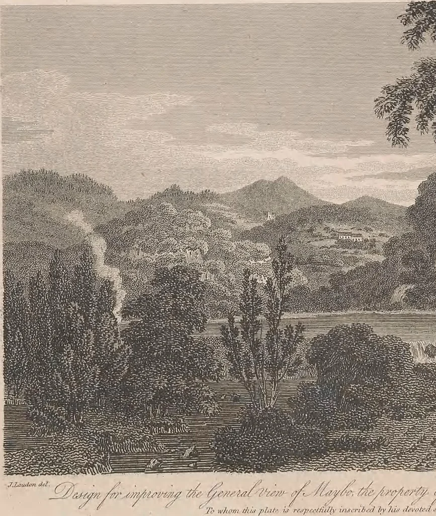An illustration from A treatise on forming, improving, and managing country residences : and on the choice of situations appropriate to every class of purchasers. In all which the object in view is to unite in a better manner than has hitherto been done, a taste founded in nature with economy and utility, in constructing or improving mansions, and other rural buildings, so as to combine architectural fitness with picturesque effect, and in forming gardens, orchards, farms, parks, pleasure-grounds, shrubberies, all kinds of useful or decorative plantations, and every object of convenience or beauty peculiar to country seats, according to the extent, character, or style of situations, and the rank, fortune, and expenditure of proprietors, from the cottage to the palace. With an appendix, containing an enquiry into the utility and merits of Mr. Repton's mode of shewing effects by slides and sketches, and strictures on his opinions and practice in landscape gardening. Illustrated by descriptions of scenery and buildings, by references to country seats, and passages of country in most parts of Great Britain, and by thirty-two engravings, 1806, leaf 329