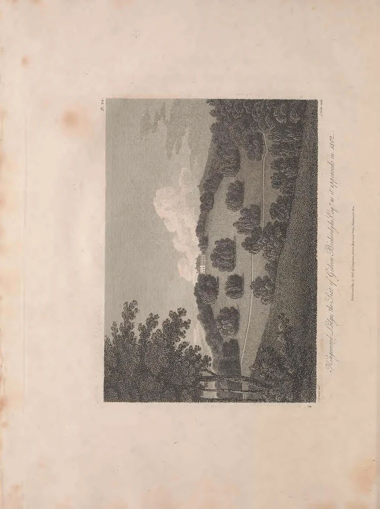 An illustration from A treatise on forming, improving, and managing country residences : and on the choice of situations appropriate to every class of purchasers. In all which the object in view is to unite in a better manner than has hitherto been done, a taste founded in nature with economy and utility, in constructing or improving mansions, and other rural buildings, so as to combine architectural fitness with picturesque effect, and in forming gardens, orchards, farms, parks, pleasure-grounds, shrubberies, all kinds of useful or decorative plantations, and every object of convenience or beauty peculiar to country seats, according to the extent, character, or style of situations, and the rank, fortune, and expenditure of proprietors, from the cottage to the palace. With an appendix, containing an enquiry into the utility and merits of Mr. Repton's mode of shewing effects by slides and sketches, and strictures on his opinions and practice in landscape gardening. Illustrated by descriptions of scenery and buildings, by references to country seats, and passages of country in most parts of Great Britain, and by thirty-two engravings, 1806, leaf 83