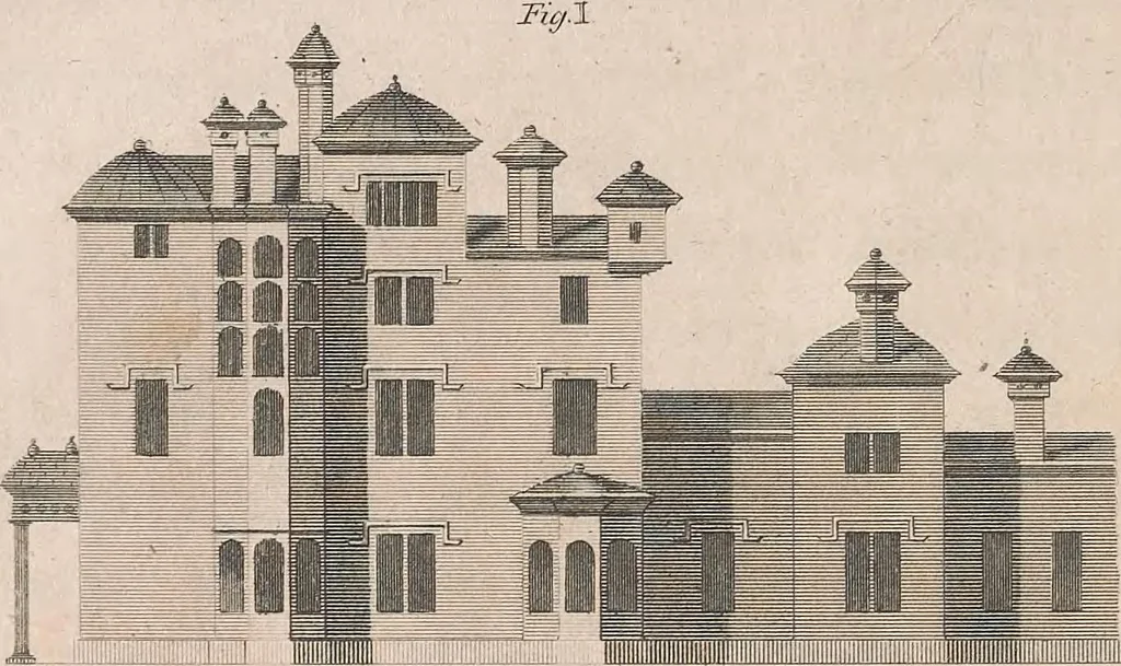 An illustration from A treatise on forming, improving, and managing country residences : and on the choice of situations appropriate to every class of purchasers. In all which the object in view is to unite in a better manner than has hitherto been done, a taste founded in nature with economy and utility, in constructing or improving mansions, and other rural buildings, so as to combine architectural fitness with picturesque effect, and in forming gardens, orchards, farms, parks, pleasure-grounds, shrubberies, all kinds of useful or decorative plantations, and every object of convenience or beauty peculiar to country seats, according to the extent, character, or style of situations, and the rank, fortune, and expenditure of proprietors, from the cottage to the palace. With an appendix, containing an enquiry into the utility and merits of Mr. Repton's mode of shewing effects by slides and sketches, and strictures on his opinions and practice in landscape gardening. Illustrated by descriptions of scenery and buildings, by references to country seats, and passages of country in most parts of Great Britain, and by thirty-two engravings, 1806, leaf 167