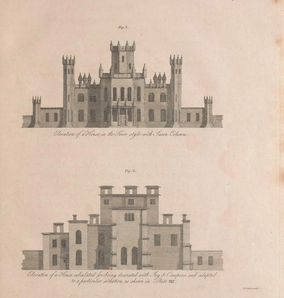 An illustration from A treatise on forming, improving, and managing country residences : and on the choice of situations appropriate to every class of purchasers. In all which the object in view is to unite in a better manner than has hitherto been done, a taste founded in nature with economy and utility, in constructing or improving mansions, and other rural buildings, so as to combine architectural fitness with picturesque effect, and in forming gardens, orchards, farms, parks, pleasure-grounds, shrubberies, all kinds of useful or decorative plantations, and every object of convenience or beauty peculiar to country seats, according to the extent, character, or style of situations, and the rank, fortune, and expenditure of proprietors, from the cottage to the palace. With an appendix, containing an enquiry into the utility and merits of Mr. Repton's mode of shewing effects by slides and sketches, and strictures on his opinions and practice in landscape gardening. Illustrated by descriptions of scenery and buildings, by references to country seats, and passages of country in most parts of Great Britain, and by thirty-two engravings, 1806, leaf 174