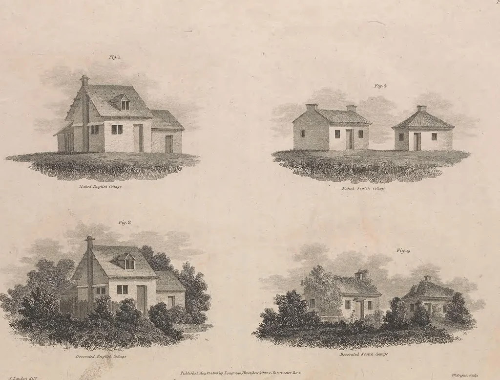 An illustration from A treatise on forming, improving, and managing country residences : and on the choice of situations appropriate to every class of purchasers. In all which the object in view is to unite in a better manner than has hitherto been done, a taste founded in nature with economy and utility, in constructing or improving mansions, and other rural buildings, so as to combine architectural fitness with picturesque effect, and in forming gardens, orchards, farms, parks, pleasure-grounds, shrubberies, all kinds of useful or decorative plantations, and every object of convenience or beauty peculiar to country seats, according to the extent, character, or style of situations, and the rank, fortune, and expenditure of proprietors, from the cottage to the palace. With an appendix, containing an enquiry into the utility and merits of Mr. Repton's mode of shewing effects by slides and sketches, and strictures on his opinions and practice in landscape gardening. Illustrated by descriptions of scenery and buildings, by references to country seats, and passages of country in most parts of Great Britain, and by thirty-two engravings, 1806, leaf 201