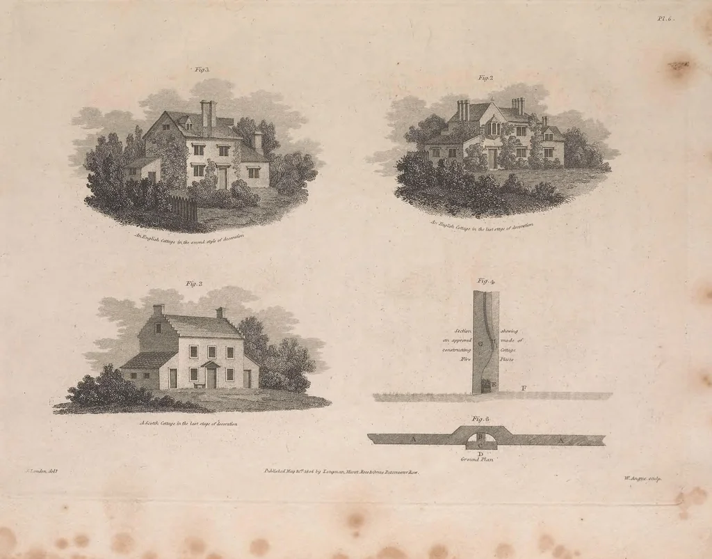 An illustration from A treatise on forming, improving, and managing country residences : and on the choice of situations appropriate to every class of purchasers. In all which the object in view is to unite in a better manner than has hitherto been done, a taste founded in nature with economy and utility, in constructing or improving mansions, and other rural buildings, so as to combine architectural fitness with picturesque effect, and in forming gardens, orchards, farms, parks, pleasure-grounds, shrubberies, all kinds of useful or decorative plantations, and every object of convenience or beauty peculiar to country seats, according to the extent, character, or style of situations, and the rank, fortune, and expenditure of proprietors, from the cottage to the palace. With an appendix, containing an enquiry into the utility and merits of Mr. Repton's mode of shewing effects by slides and sketches, and strictures on his opinions and practice in landscape gardening. Illustrated by descriptions of scenery and buildings, by references to country seats, and passages of country in most parts of Great Britain, and by thirty-two engravings, 1806, leaf 202