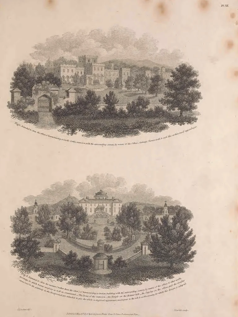 An illustration from A treatise on forming, improving, and managing country residences : and on the choice of situations appropriate to every class of purchasers. In all which the object in view is to unite in a better manner than has hitherto been done, a taste founded in nature with economy and utility, in constructing or improving mansions, and other rural buildings, so as to combine architectural fitness with picturesque effect, and in forming gardens, orchards, farms, parks, pleasure-grounds, shrubberies, all kinds of useful or decorative plantations, and every object of convenience or beauty peculiar to country seats, according to the extent, character, or style of situations, and the rank, fortune, and expenditure of proprietors, from the cottage to the palace. With an appendix, containing an enquiry into the utility and merits of Mr. Repton's mode of shewing effects by slides and sketches, and strictures on his opinions and practice in landscape gardening. Illustrated by descriptions of scenery and buildings, by references to country seats, and passages of country in most parts of Great Britain, and by thirty-two engravings, 1806, leaf 246