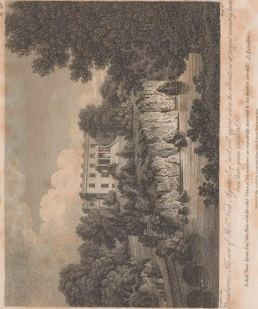 An illustration from A treatise on forming, improving, and managing country residences : and on the choice of situations appropriate to every class of purchasers. In all which the object in view is to unite in a better manner than has hitherto been done, a taste founded in nature with economy and utility, in constructing or improving mansions, and other rural buildings, so as to combine architectural fitness with picturesque effect, and in forming gardens, orchards, farms, parks, pleasure-grounds, shrubberies, all kinds of useful or decorative plantations, and every object of convenience or beauty peculiar to country seats, according to the extent, character, or style of situations, and the rank, fortune, and expenditure of proprietors, from the cottage to the palace. With an appendix, containing an enquiry into the utility and merits of Mr. Repton's mode of shewing effects by slides and sketches, and strictures on his opinions and practice in landscape gardening. Illustrated by descriptions of scenery and buildings, by references to country seats, and passages of country in most parts of Great Britain, and by thirty-two engravings, 1806, leaf 434