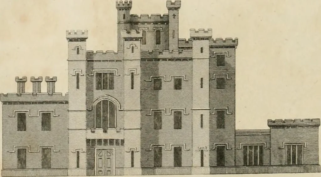 An illustration from A treatise on forming, improving, and managing country residences : and on the choice of situations appropriate to every class of purchasers, in all which the object in view is to unite in a better manner than has hitherto been done, a taste founded in nature with economy and utility, in constructing or improving mansions, and other rural buildings, so as to combine architectural fitness with picturesque effect ... : with an appendix, containing an enquiry into the utility and merits of Mr. Repton's mode of shewing effects by slides and sketches, and strictures on his opinions and practice in landscape gardening : illustrated by descriptions of scenery and buildings, by references to country seats, and passages of country in most parts of Great Britain, and by thirty-two engravings, 1806, leaf 165