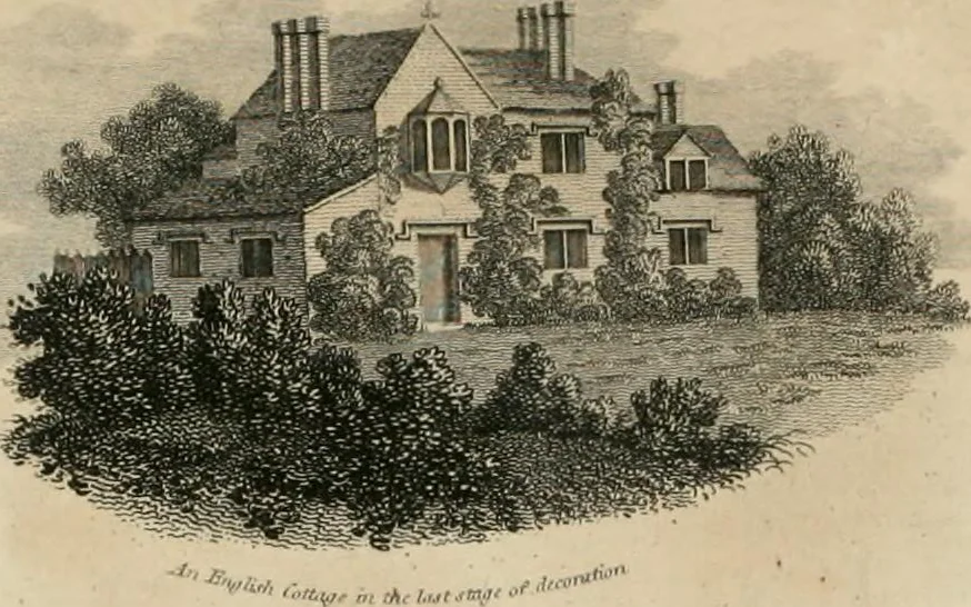 An illustration from A treatise on forming, improving, and managing country residences : and on the choice of situations appropriate to every class of purchasers, in all which the object in view is to unite in a better manner than has hitherto been done, a taste founded in nature with economy and utility, in constructing or improving mansions, and other rural buildings, so as to combine architectural fitness with picturesque effect ... : with an appendix, containing an enquiry into the utility and merits of Mr. Repton's mode of shewing effects by slides and sketches, and strictures on his opinions and practice in landscape gardening : illustrated by descriptions of scenery and buildings, by references to country seats, and passages of country in most parts of Great Britain, and by thirty-two engravings, 1806, leaf 203
