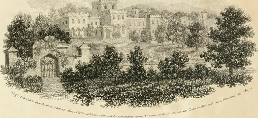 An illustration from A treatise on forming, improving, and managing country residences : and on the choice of situations appropriate to every class of purchasers, in all which the object in view is to unite in a better manner than has hitherto been done, a taste founded in nature with economy and utility, in constructing or improving mansions, and other rural buildings, so as to combine architectural fitness with picturesque effect ... : with an appendix, containing an enquiry into the utility and merits of Mr. Repton's mode of shewing effects by slides and sketches, and strictures on his opinions and practice in landscape gardening : illustrated by descriptions of scenery and buildings, by references to country seats, and passages of country in most parts of Great Britain, and by thirty-two engravings, 1806, leaf 248