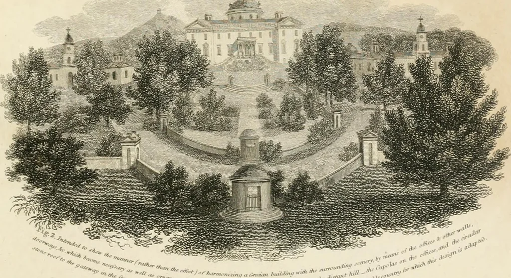 An illustration from A treatise on forming, improving, and managing country residences : and on the choice of situations appropriate to every class of purchasers, in all which the object in view is to unite in a better manner than has hitherto been done, a taste founded in nature with economy and utility, in constructing or improving mansions, and other rural buildings, so as to combine architectural fitness with picturesque effect ... : with an appendix, containing an enquiry into the utility and merits of Mr. Repton's mode of shewing effects by slides and sketches, and strictures on his opinions and practice in landscape gardening : illustrated by descriptions of scenery and buildings, by references to country seats, and passages of country in most parts of Great Britain, and by thirty-two engravings, 1806, leaf 248