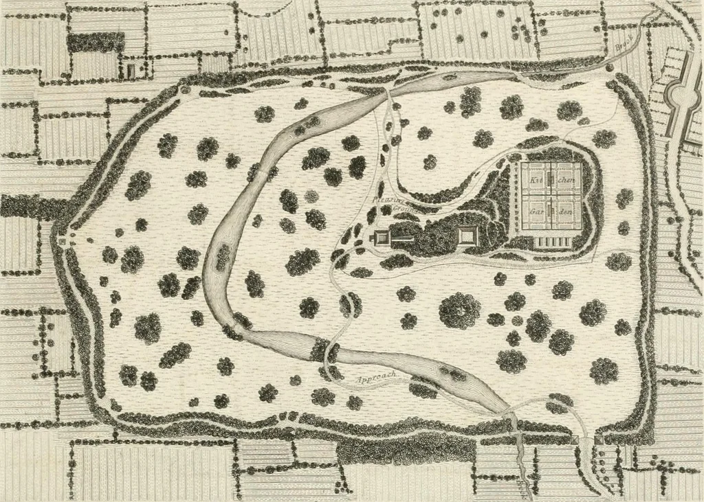 An illustration from A treatise on forming, improving, and managing country residences : and on the choice of situations appropriate to every class of purchasers, in all which the object in view is to unite in a better manner than has hitherto been done, a taste founded in nature with economy and utility, in constructing or improving mansions, and other rural buildings, so as to combine architectural fitness with picturesque effect ... : with an appendix, containing an enquiry into the utility and merits of Mr. Repton's mode of shewing effects by slides and sketches, and strictures on his opinions and practice in landscape gardening : illustrated by descriptions of scenery and buildings, by references to country seats, and passages of country in most parts of Great Britain, and by thirty-two engravings, 1806, leaf 316