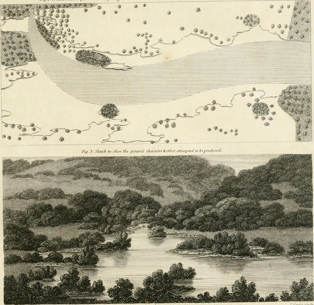 An illustration from A treatise on forming, improving, and managing country residences : and on the choice of situations appropriate to every class of purchasers, in all which the object in view is to unite in a better manner than has hitherto been done, a taste founded in nature with economy and utility, in constructing or improving mansions, and other rural buildings, so as to combine architectural fitness with picturesque effect ... : with an appendix, containing an enquiry into the utility and merits of Mr. Repton's mode of shewing effects by slides and sketches, and strictures on his opinions and practice in landscape gardening : illustrated by descriptions of scenery and buildings, by references to country seats, and passages of country in most parts of Great Britain, and by thirty-two engravings, 1806, leaf 48