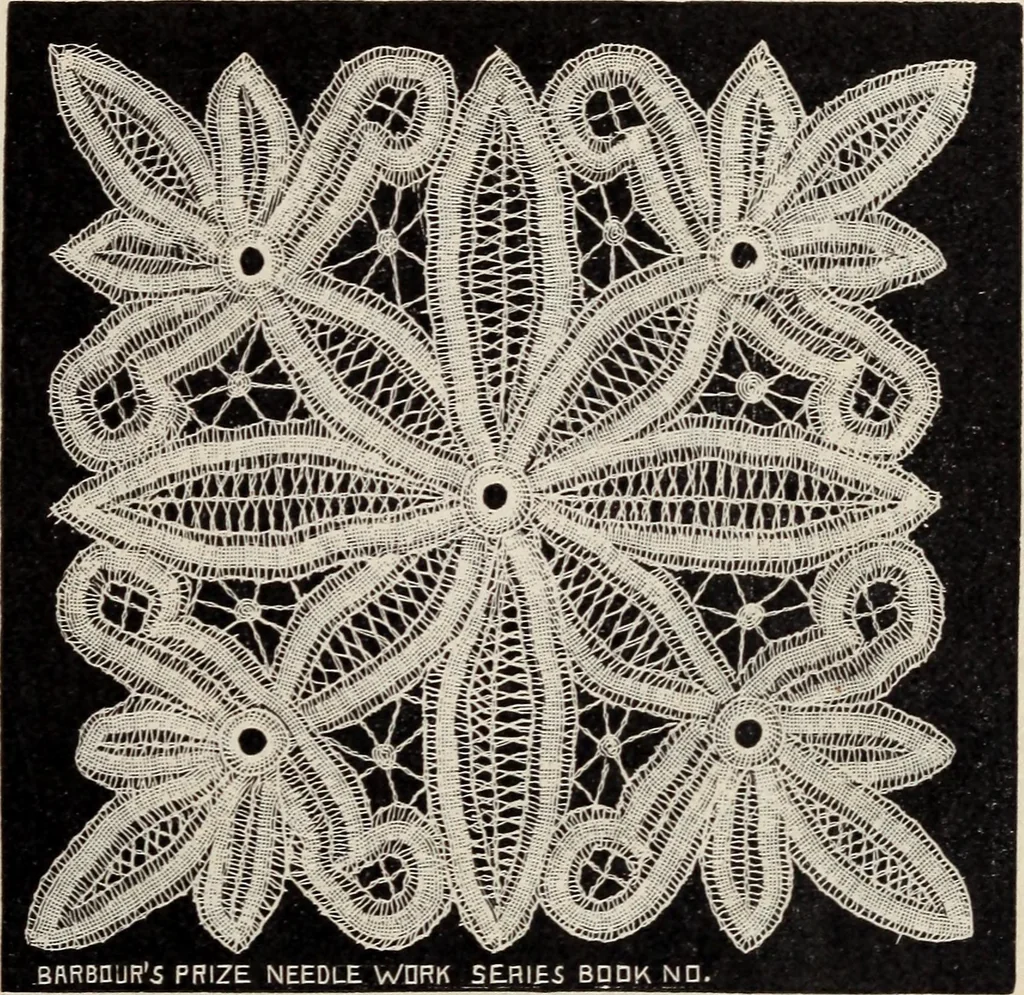 An illustration from A treatise on lace-making, embroidery, and needle-work with Irish flax threads, 1892, leaf 96