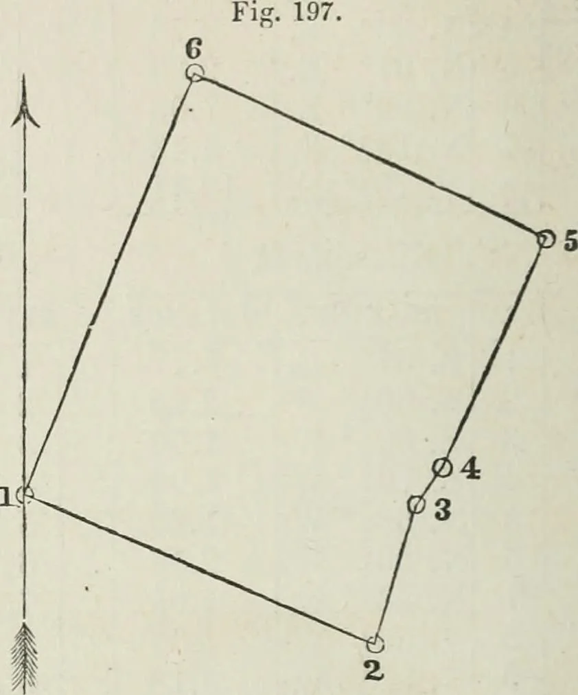 An illustration from A treatise on land-surveying; comprising the theory developed from five elementary principles; and the practice with the chain alone, the compass, the transit, the theodolite, the plane table, &c. Illustrated by four hundred engravings, and a magnetic chart, 1875, leaf 195