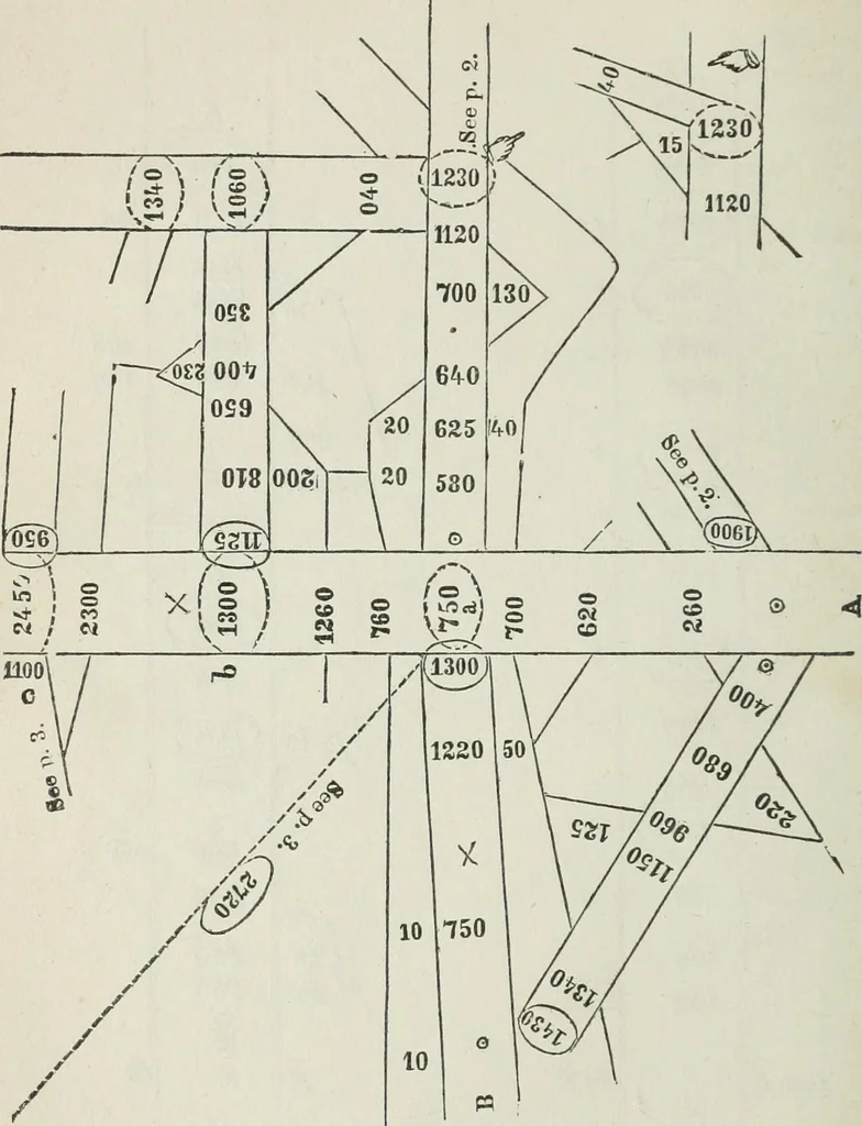 An illustration from A treatise on land-surveying; comprising the theory developed from five elementary principles; and the practice with the chain alone, the compass, the transit, the theodolite, the plane table, &c. Illustrated by four hundred engravings, and a magnetic chart, 1875, leaf 93