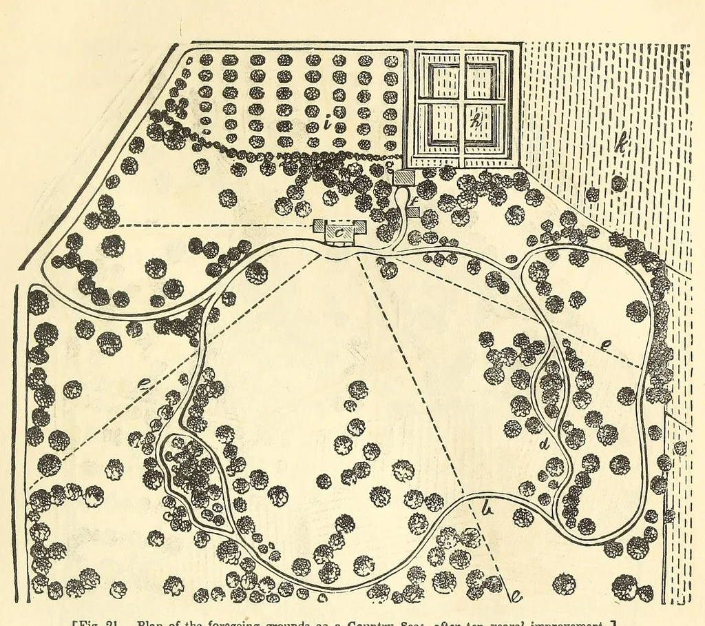 An illustration from A treatise on the theory and practice of landscape gardening, adapted to North America; with a view to the improvement of country residences. Comprising historical notices and general principles of the art, directions for laying out gardens and arranging plantations, the description and cultivation of hardy trees, decorative accompaniments to the house and grounds, the formation of pieces of artificial water, flower gardens, etc., with remarks on rural architecture, 1844, leaf 123