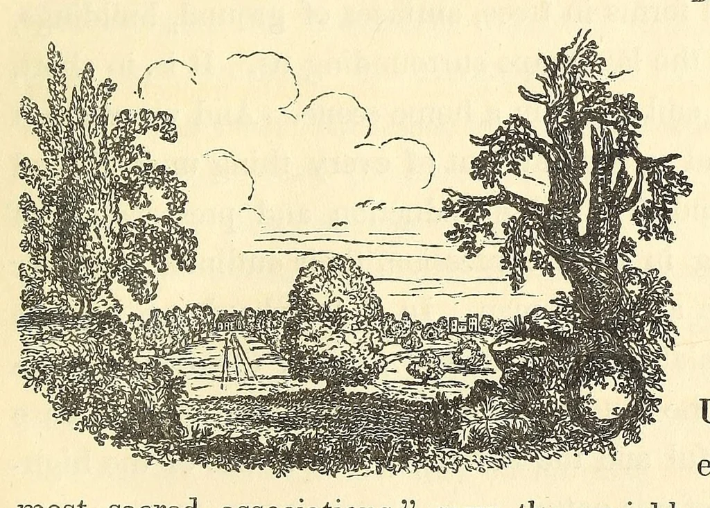 An illustration from A treatise on the theory and practice of landscape gardening, adapted to North America; with a view to the improvement of country residences. Comprising historical notices and general principles of the art, directions for laying out gardens and arranging plantations, the description and cultivation of hardy trees, decorative accompaniments to the house and grounds, the formation of pieces of artificial water, flower gardens, etc., with remarks on rural architecture, 1844, leaf 25