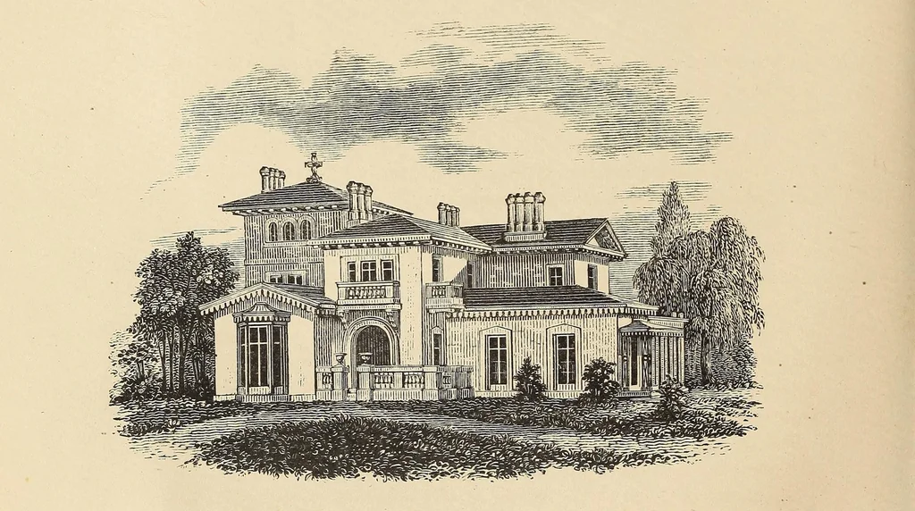 An illustration from A treatise on the theory and practice of landscape gardening, adapted to North America; with a view to the improvement of country residences. Comprising historical notices and general principles of the art, directions for laying out gardens and arranging plantations, the description and cultivation of hardy trees, decorative accompaniments to the house and grounds, the formation of pieces of artificial water, flower gardens, etc., with remarks on rural architecture, 1844, leaf 392