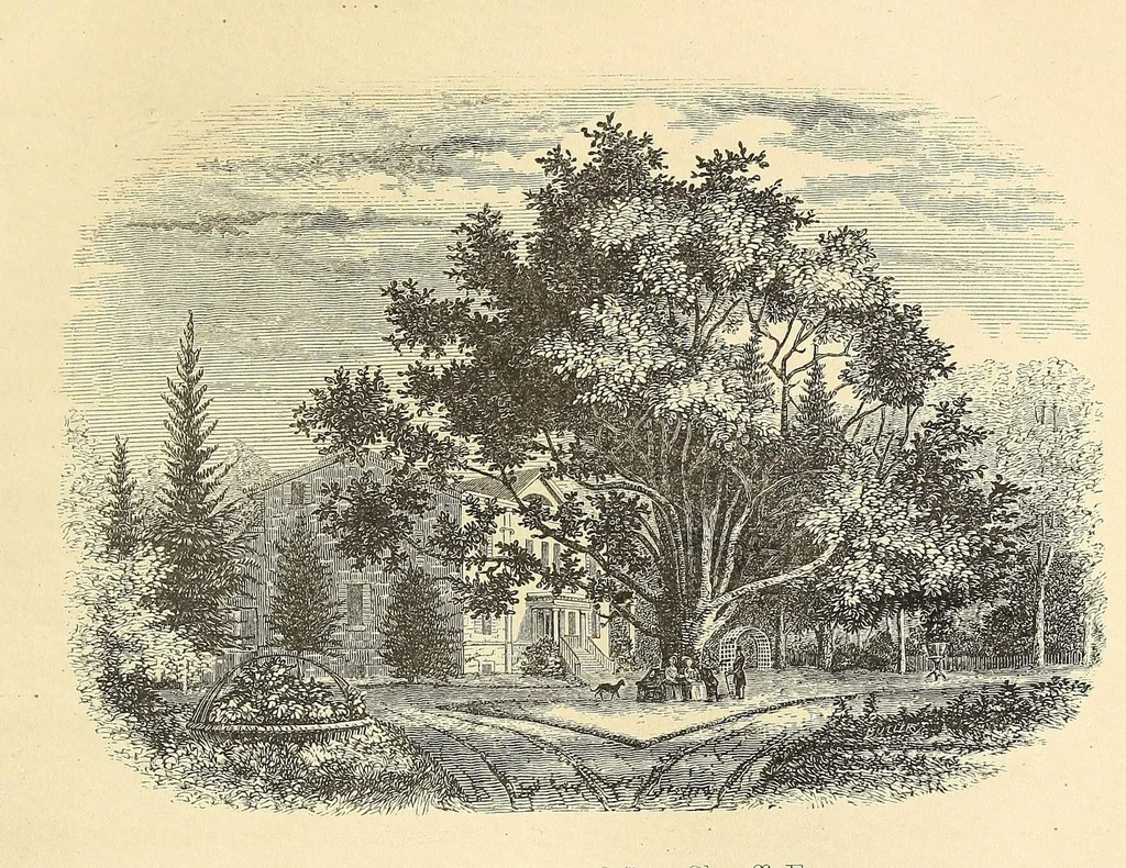 An illustration from A treatise on the theory and practice of landscape gardening, adapted to North America; with a view to the improvement of country residences. Comprising historical notices and general principles of the art, directions for laying out gardens and arranging plantations, the description and cultivation of hardy trees, decorative accompaniments to the house and grounds, the formation of pieces of artificial water, flower gardens, etc., with remarks on rural architecture, 1844, leaf 69