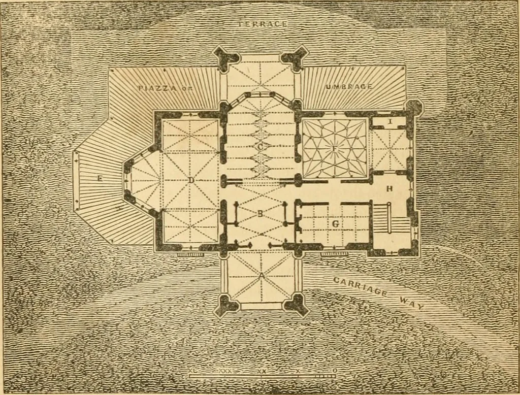 An illustration from A treatise on the theory and practice of landscape gardening, adapted to North America; with a view to the improvement of country residences. Comprising historical notices and general principles of the art, directions for laying out grounds and arranging plantations, the description and cultivation of hardy trees, decorative accompaniments to the house and grounds, the formation of pieces of artificial water, flower gardens, etc. with remarks on rural architecture .., 1841, leaf 335