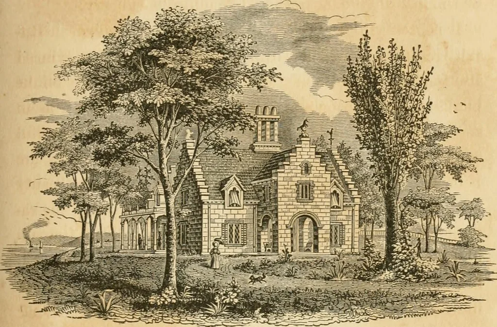 An illustration from A treatise on the theory and practice of landscape gardening, adapted to North America; with a view to the improvement of country residences. Comprising historical notices and general principles of the art, directions for laying out grounds and arranging plantations, the description and cultivation of hardy trees, decorative accompaniments to the house and grounds, the formation of pieces of artificial water, flower gardens, etc. with remarks on rural architecture .., 1841, leaf 346