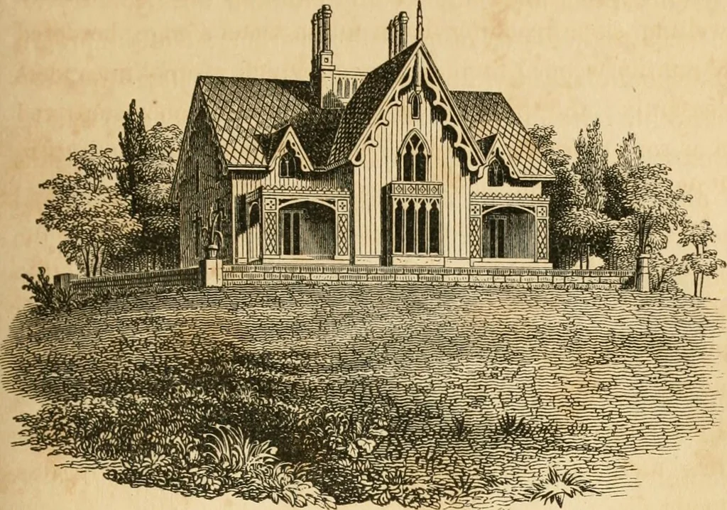 An illustration from A treatise on the theory and practice of landscape gardening, adapted to North America; with a view to the improvement of country residences. Comprising historical notices and general principles of the art, directions for laying out grounds and arranging plantations, the description and cultivation of hardy trees, decorative accompaniments to the house and grounds, the formation of pieces of artificial water, flower gardens, etc. with remarks on rural architecture .., 1841, leaf 348
