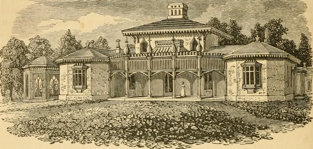 An illustration from A treatise on the theory and practice of landscape gardening, adapted to North America; with a view to the improvement of country residences. Comprising historical notices and general principles of the art, directions for laying out grounds and arranging plantations, the description and cultivation of hardy trees, decorative accompaniments to the house and grounds, the formation of pieces of artificial water, flower gardens, etc. with remarks on rural architecture .., 1841, leaf 357