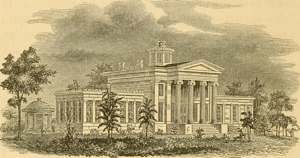 An illustration from A treatise on the theory and practice of landscape gardening, adapted to North America; with a view to the improvement of country residences. Comprising historical notices and general principles of the art, directions for laying out grounds and arranging plantations, the description and cultivation of hardy trees, decorative accompaniments to the house and grounds, the formation of pieces of artificial water, flower gardens, etc. with remarks on rural architecture .., 1841, leaf 393