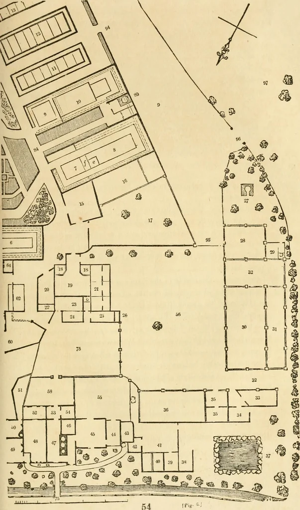 An illustration from A treatise on the theory and practice of landscape gardening, adapted to North America; with a view to the improvement of country residences. Comprising historical notices and general principles of the art, directions for laying out grounds and arranging plantations, the description and cultivation of hardy trees, decorative accompaniments to the house and grounds, the formation of pieces of artificial water, flower gardens, etc. with remarks on rural architecture .., 1841, leaf 436
