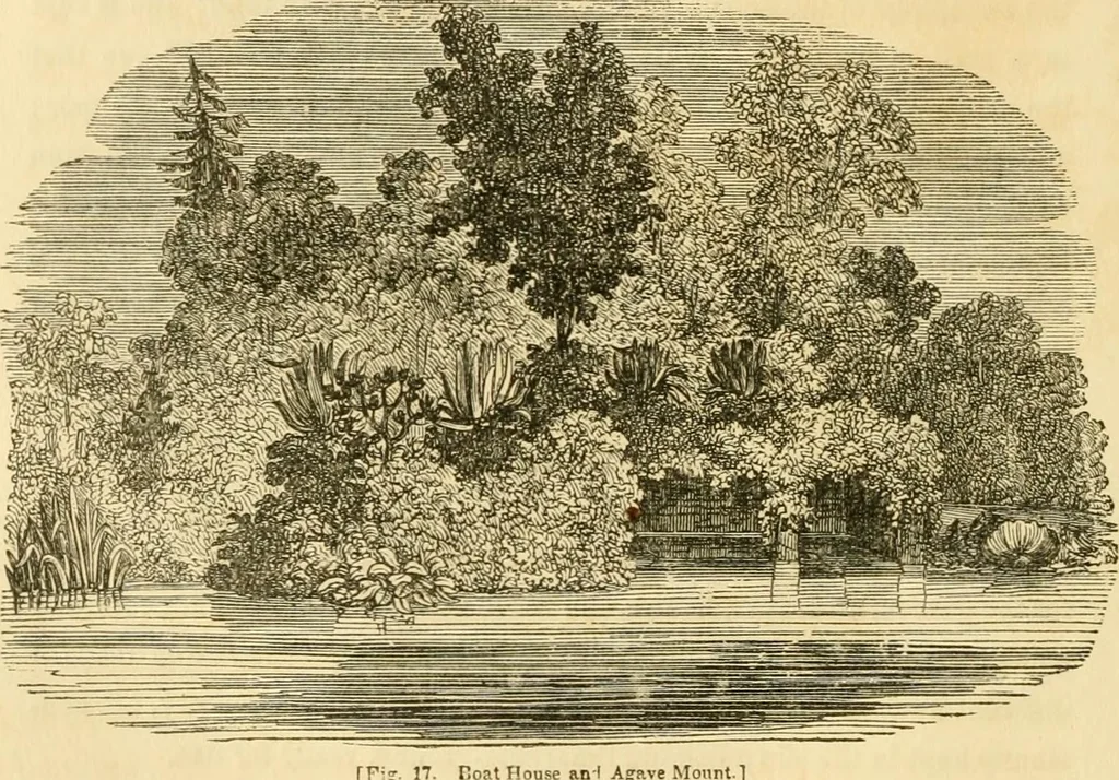 An illustration from A treatise on the theory and practice of landscape gardening, adapted to North America; with a view to the improvement of country residences. Comprising historical notices and general principles of the art, directions for laying out grounds and arranging plantations, the description and cultivation of hardy trees, decorative accompaniments to the house and grounds, the formation of pieces of artificial water, flower gardens, etc. with remarks on rural architecture .., 1841, leaf 455