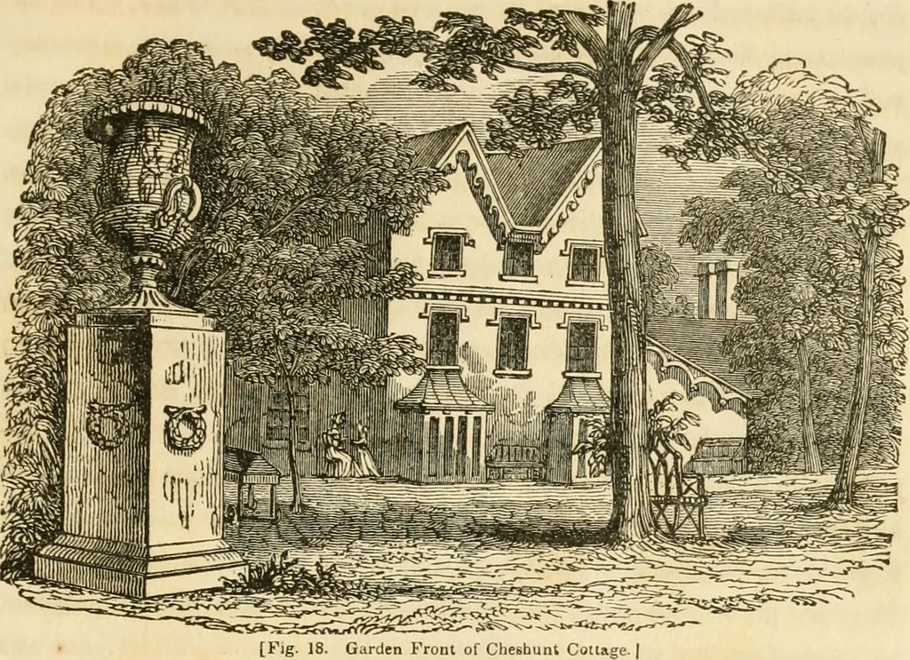 An illustration from A treatise on the theory and practice of landscape gardening, adapted to North America; with a view to the improvement of country residences. Comprising historical notices and general principles of the art, directions for laying out grounds and arranging plantations, the description and cultivation of hardy trees, decorative accompaniments to the house and grounds, the formation of pieces of artificial water, flower gardens, etc. with remarks on rural architecture .., 1841, leaf 458