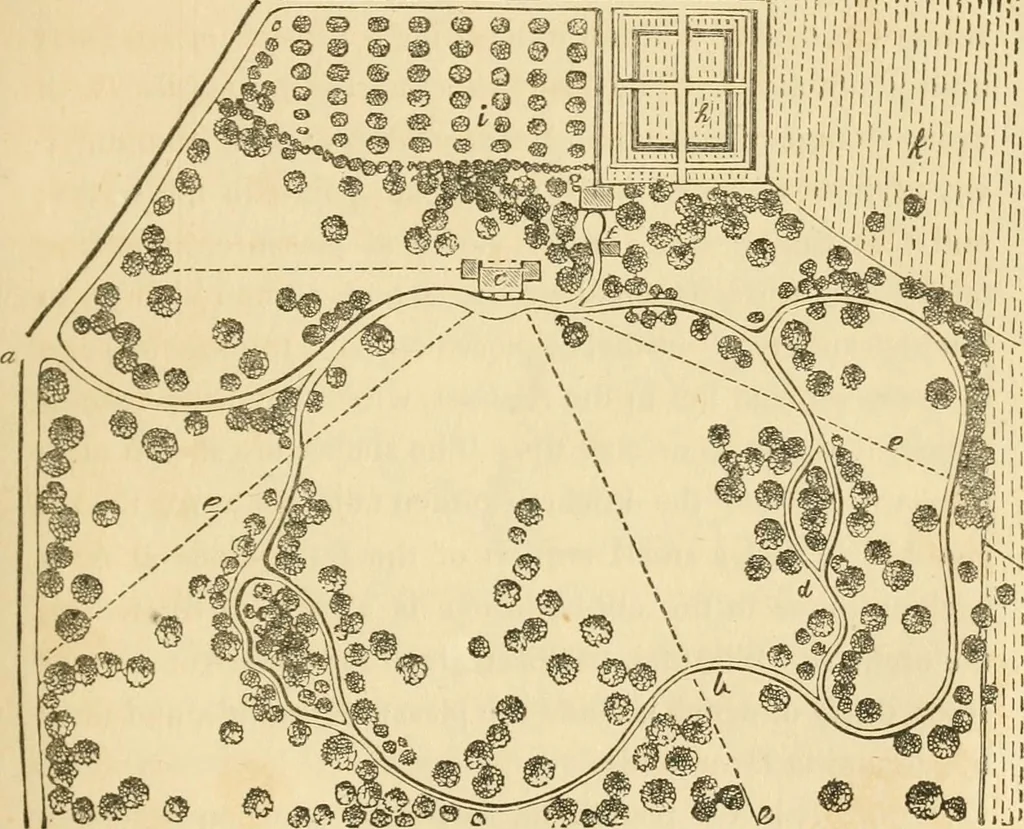 An illustration from A treatise on the theory and practice of landscape gardening, adapted to North America; with a view to the improvement of country residences. Comprising historical notices and general principles of the art, directions for laying out grounds and arranging plantations, the description and cultivation of hardy trees, decorative accompaniments to the house and grounds, the formation of pieces of artificial water, flower gardens, etc. with remarks on rural architecture .., 1841, leaf 80