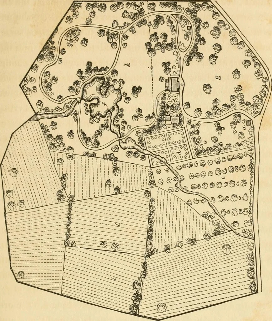 An illustration from A treatise on the theory and practice of landscape gardening, adapted to North America; with a view to the improvement of country residences. Comprising historical notices and general principles of the art, directions for laying out grounds and arranging plantations, the description and cultivation of hardy trees, decorative accompaniments to the house and grounds, the formation of pieces of artificial water, flower gardens, etc. with remarks on rural architecture .., 1841, leaf 82