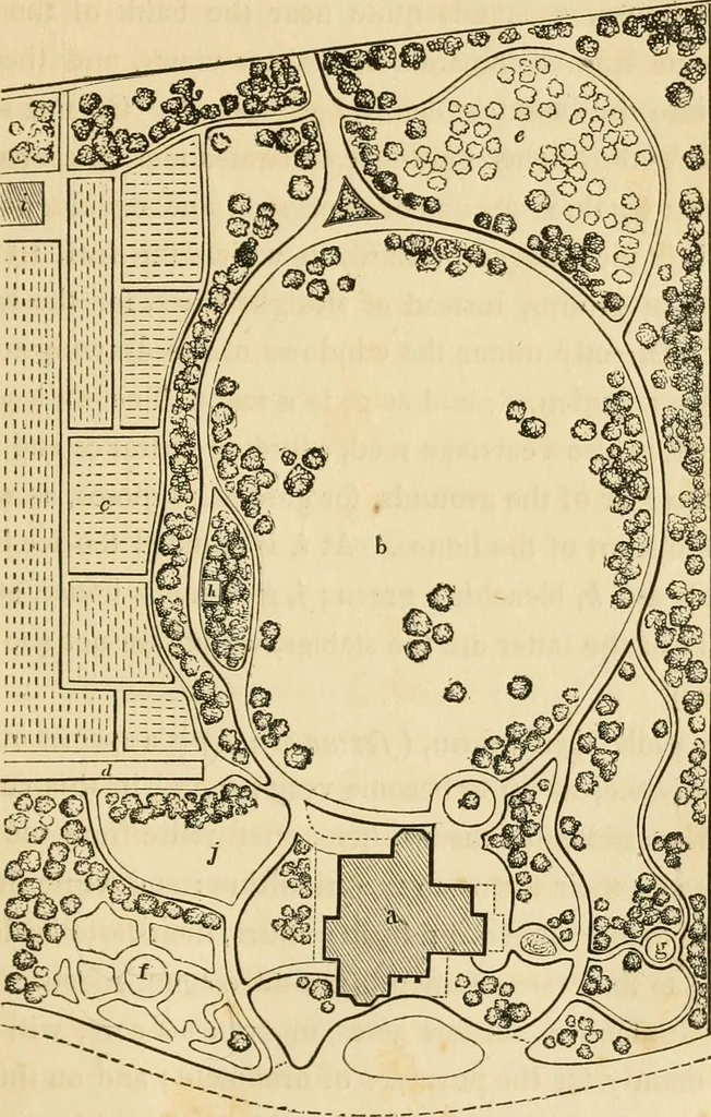 An illustration from A treatise on the theory and practice of landscape gardening, adapted to North America; with a view to the improvement of country residences. Comprising historical notices and general principles of the art, directions for laying out grounds and arranging plantations, the description and cultivation of hardy trees, decorative accompaniments to the house and grounds, the formation of pieces of artificial water, flower gardens, etc. with remarks on rural architecture .., 1841, leaf 84