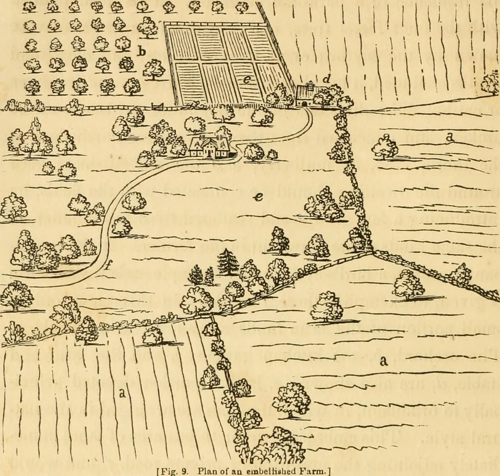 An illustration from A treatise on the theory and practice of landscape gardening, adapted to North America; with a view to the improvement of country residences. Comprising historical notices and general principles of the art, directions for laying out grounds and arranging plantations, the description and cultivation of hardy trees, decorative accompaniments to the house and grounds, the formation of pieces of artificial water, flower gardens, etc. with remarks on rural architecture .., 1841, leaf 87