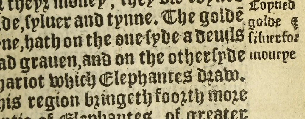 An illustration from A treatyse of the newe India, with other new founde landes and ilandes, aswell eastwarde as westwarde, as they are knowen and found in these oure dayes, after the descripcion of Sebastian Munster in his boke of vniuersall cosmographie : wherin the diligent reader may see the good successe and rewarde of noble and honeste enterpryses, by the which not only worldly ryches are obtayned, but also God is glorified, & the Christian fayth enlarged., 1553, leaf 93
