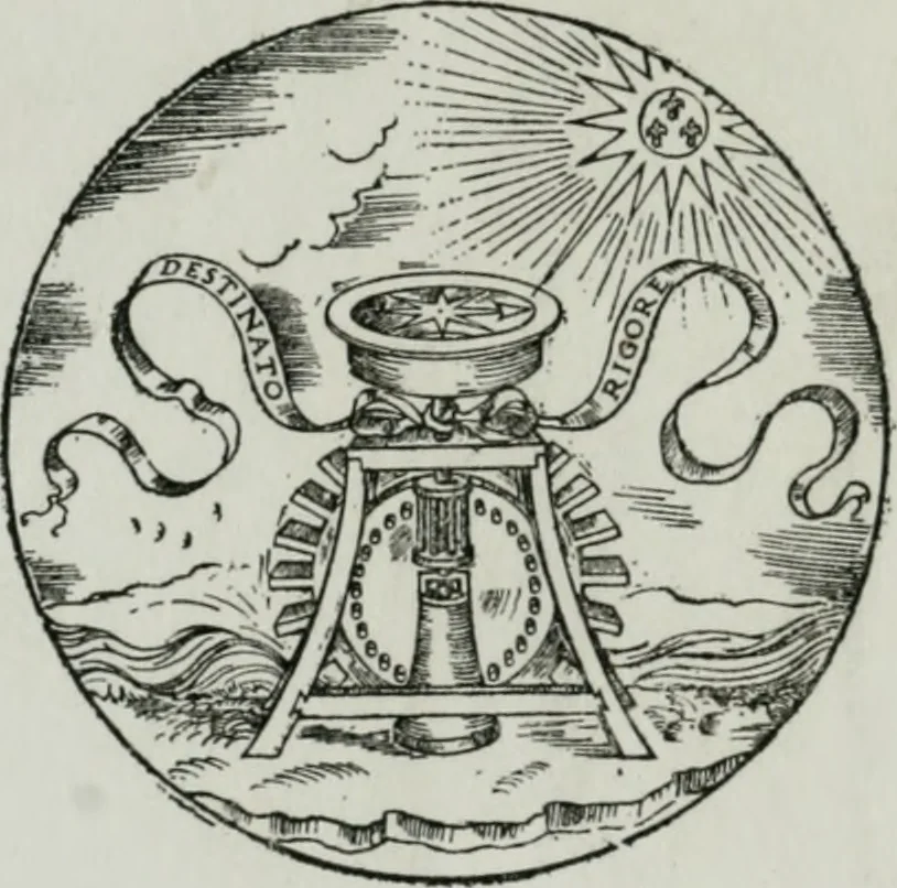 An illustration from Tre discorsi sopra il modo d'alzar acqve da' lvoghi bassi : per adacquar terreni : per leuar l'acque sorgenti & piouute dalle cãpagne, che non possono naturalmente dare loro il decorso : per mandare l'acqua da bere alle città, che n'hanno bisogno, & per altri simili vsi, 1567, leaf 1