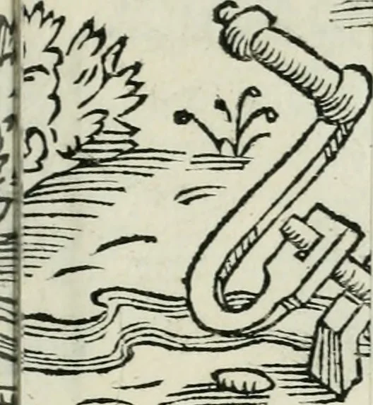An illustration from Tre discorsi sopra il modo d'alzar acqve da' lvoghi bassi : per adacquar terreni : per leuar l'acque sorgenti & piouute dalle cãpagne, che non possono naturalmente dare loro il decorso : per mandare l'acqua da bere alle città, che n'hanno bisogno, & per altri simili vsi, 1567, leaf 102