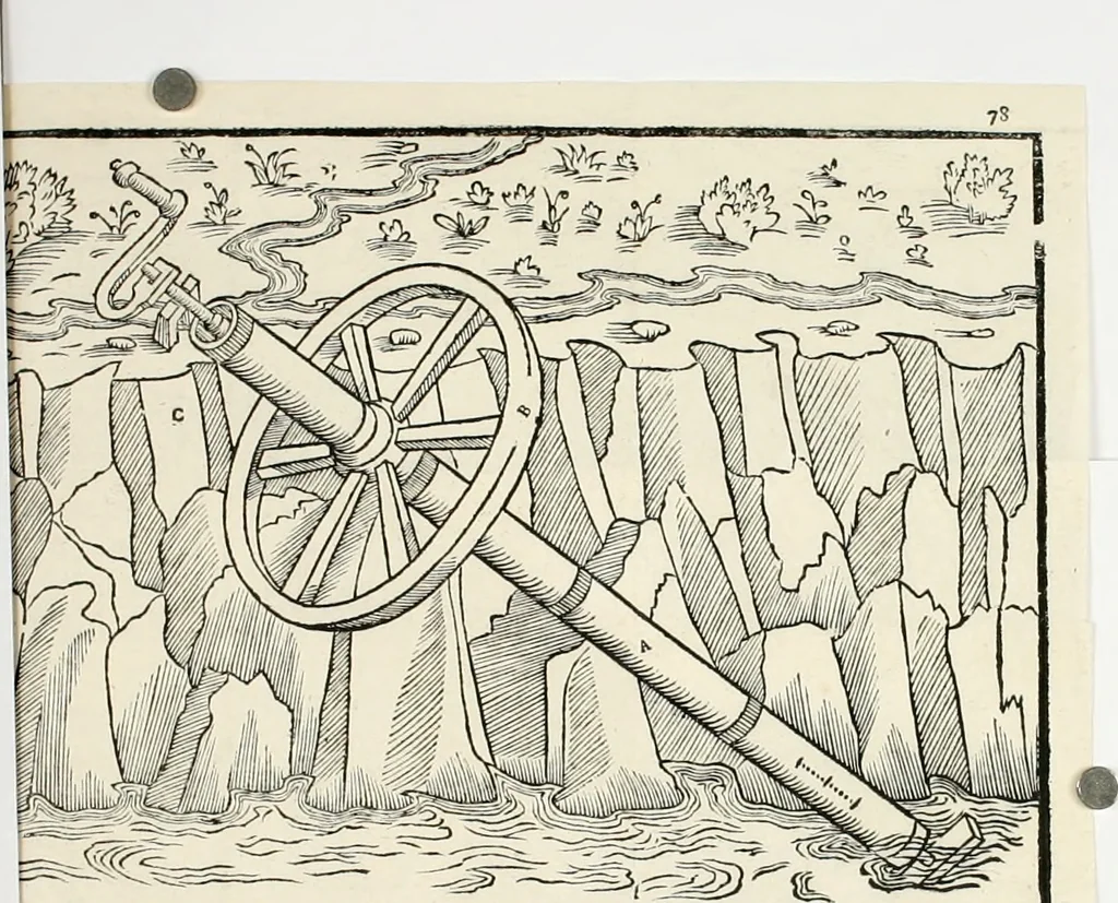 An illustration from Tre discorsi sopra il modo d'alzar acqve da' lvoghi bassi : per adacquar terreni : per leuar l'acque sorgenti & piouute dalle cãpagne, che non possono naturalmente dare loro il decorso : per mandare l'acqua da bere alle città, che n'hanno bisogno, & per altri simili vsi, 1567, leaf 103