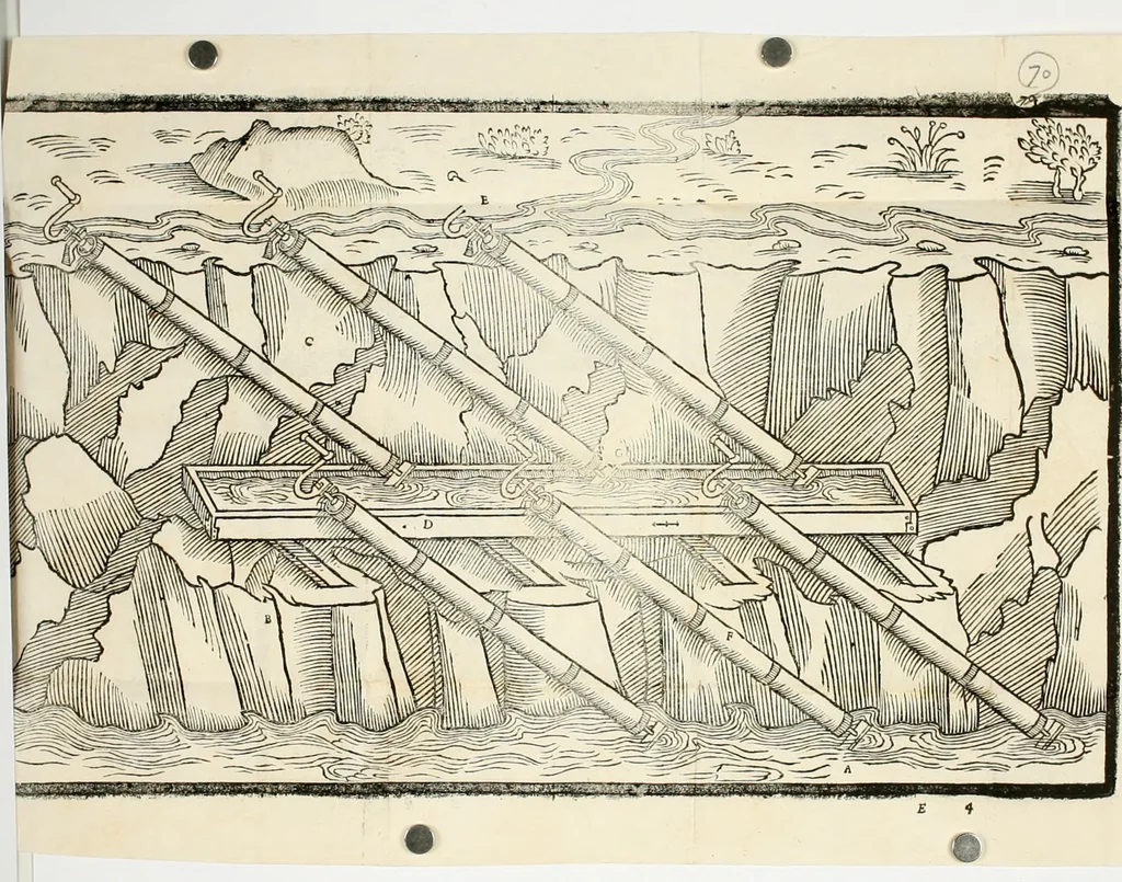 An illustration from Tre discorsi sopra il modo d'alzar acqve da' lvoghi bassi : per adacquar terreni : per leuar l'acque sorgenti & piouute dalle cãpagne, che non possono naturalmente dare loro il decorso : per mandare l'acqua da bere alle città, che n'hanno bisogno, & per altri simili vsi, 1567, leaf 105