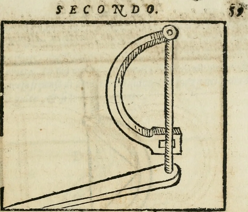 An illustration from Tre discorsi sopra il modo d'alzar acqve da' lvoghi bassi : per adacquar terreni : per leuar l'acque sorgenti & piouute dalle cãpagne, che non possono naturalmente dare loro il decorso : per mandare l'acqua da bere alle città, che n'hanno bisogno, & per altri simili vsi, 1567, leaf 82